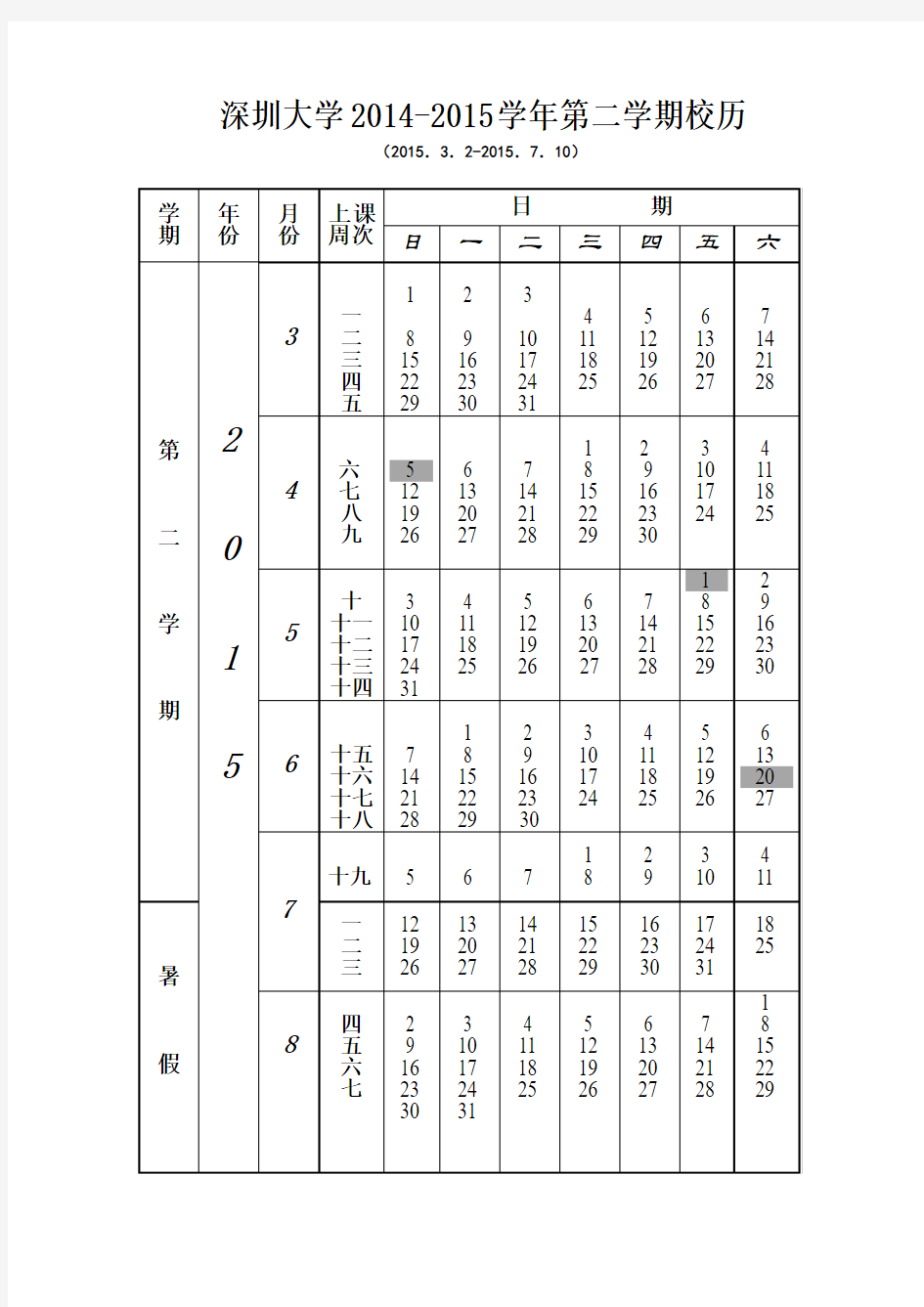 深圳大学2014-2015学年第二学期校历