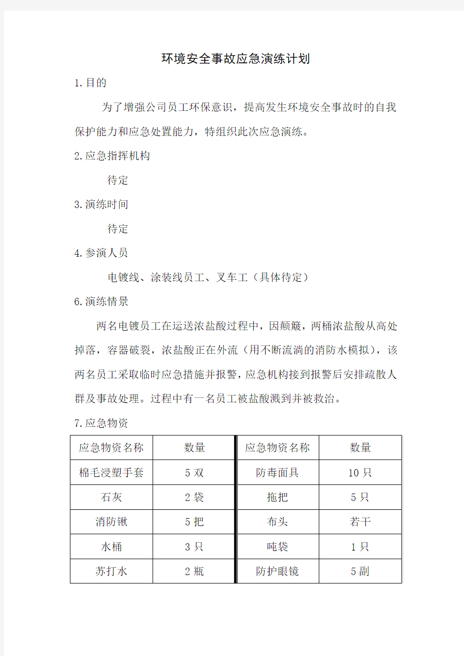 环境安全事故应急演练计划