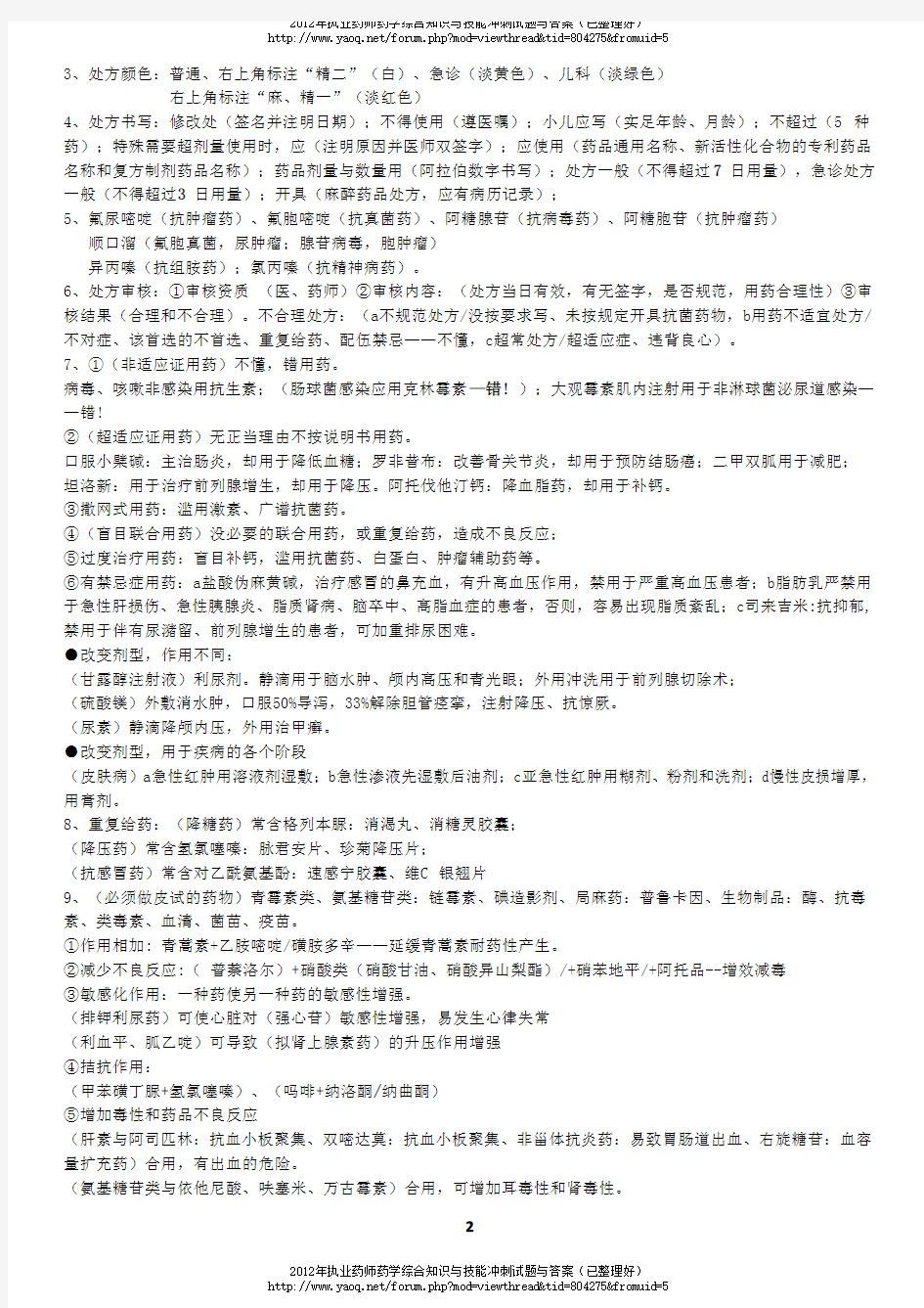 2012年执业药师考试药学综合知识与技能必过复习总结打印版