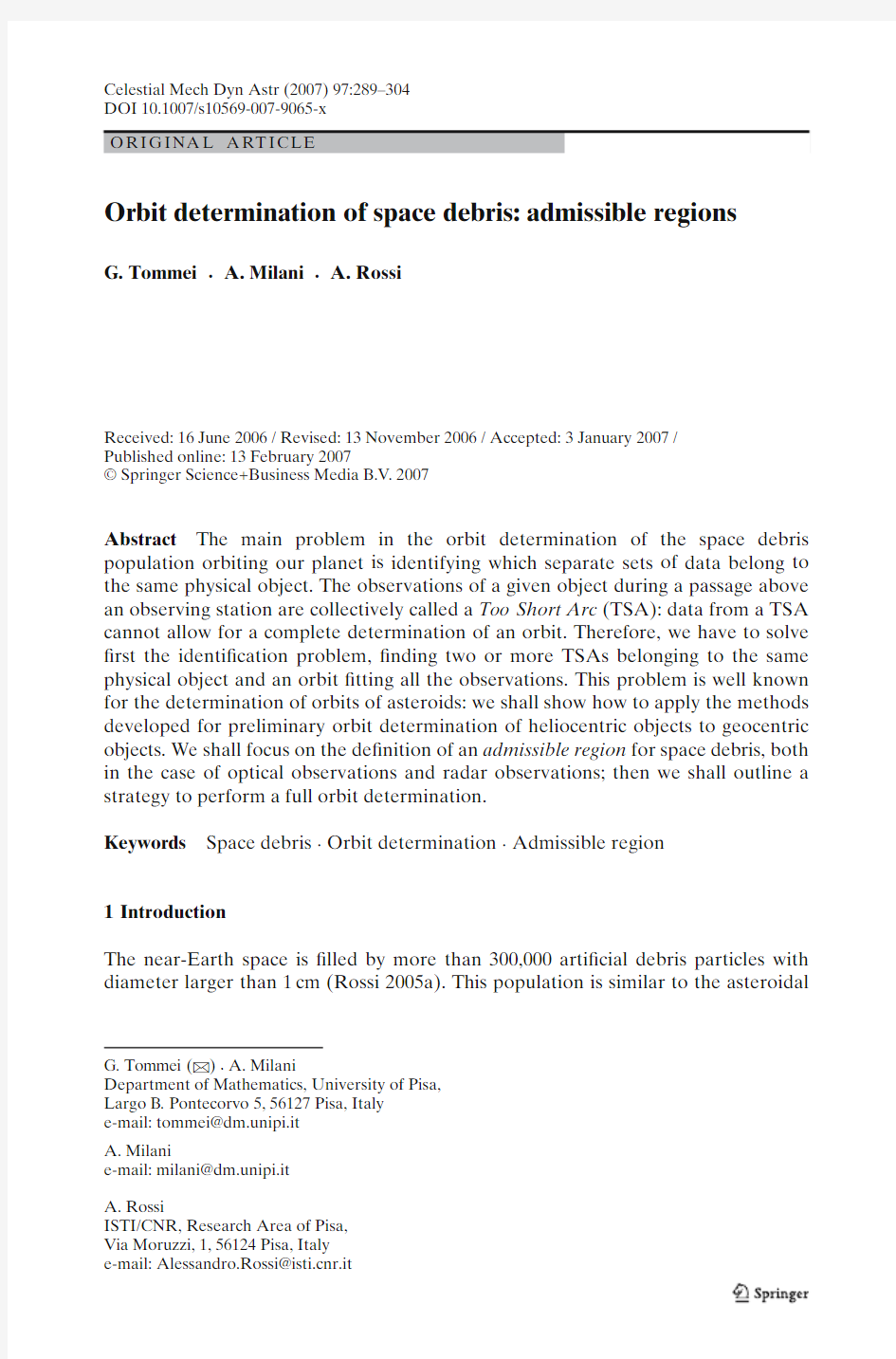 Orbit determination of space debris-- admissible regions