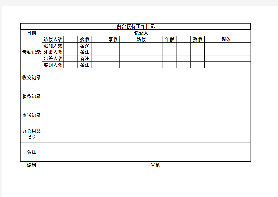 前台接待工作日记表格