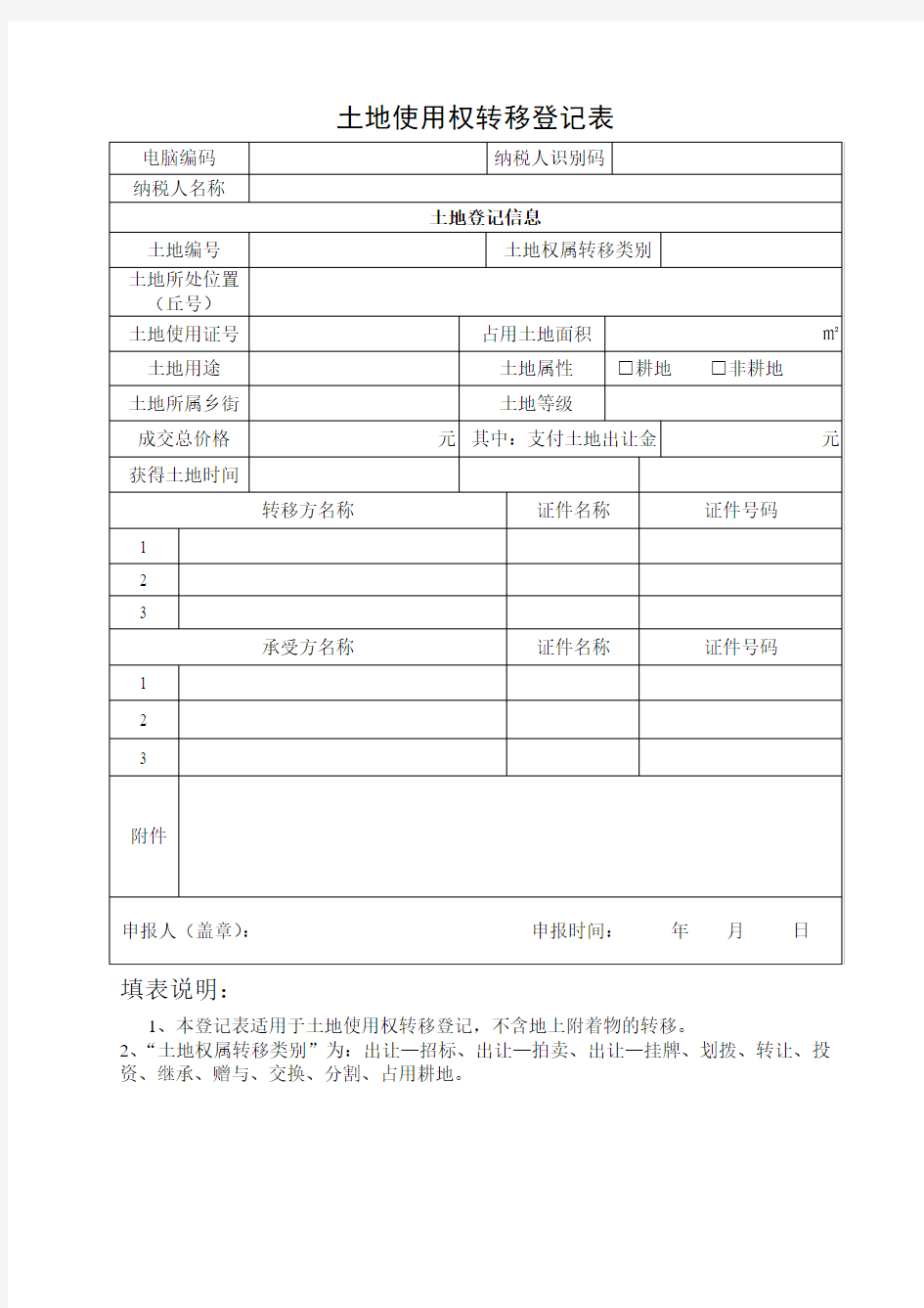 土地使用权转移登记表