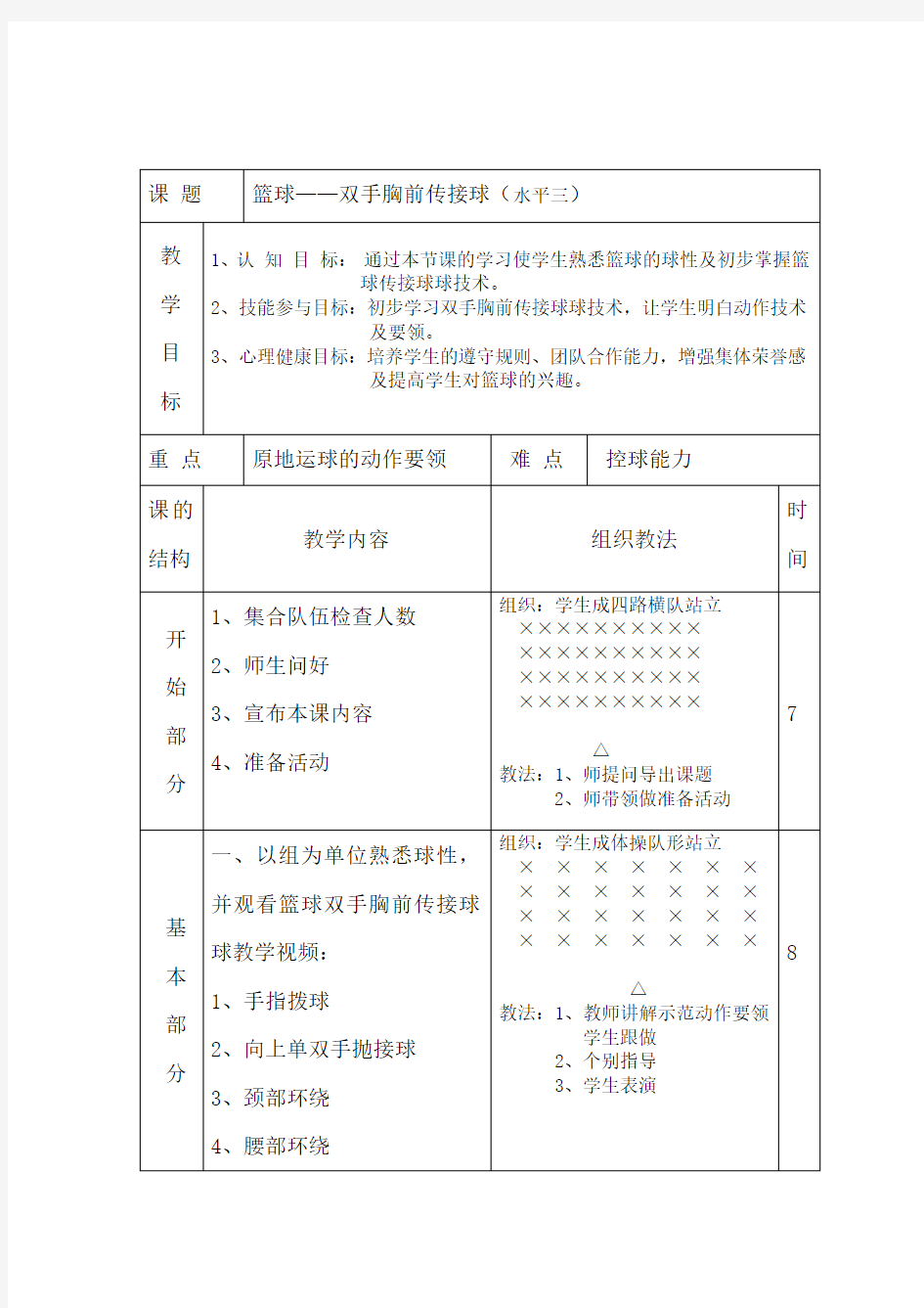 小学体育水平三篮球熟悉球性及原地运球教案