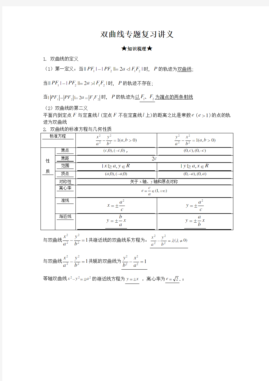 双曲线专题复习讲义及练习