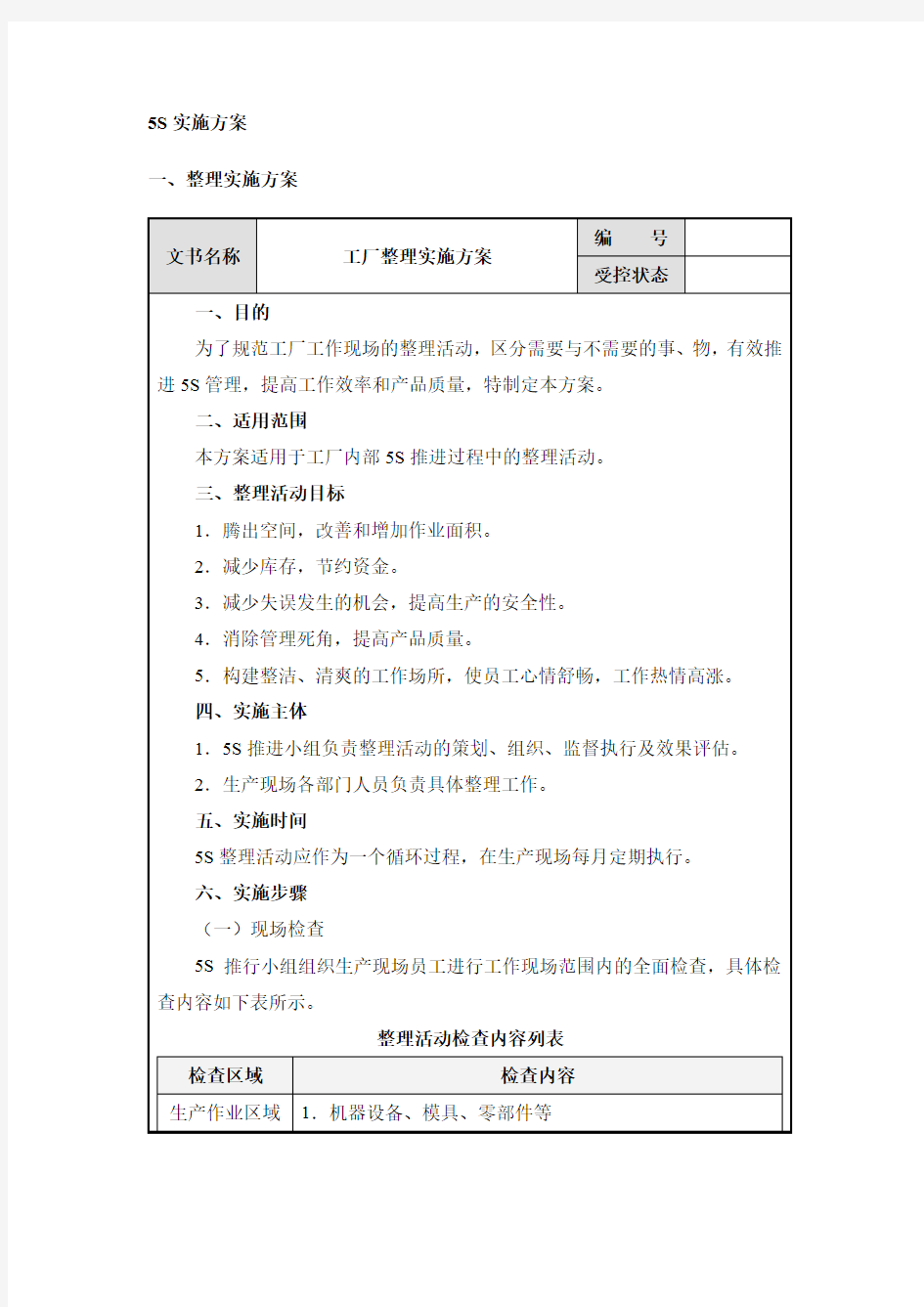 生产现场5S实施方案：整理、整顿、清扫、清洁、素养实施方案