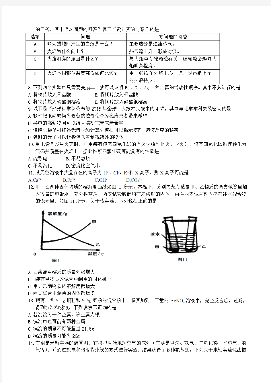 2016年“金钥匙”科技(初三化学CESL活动)竞赛决赛试题及答案