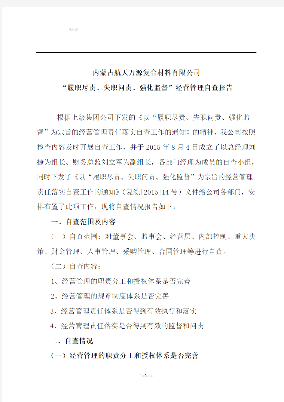 公司经营管理自查报告