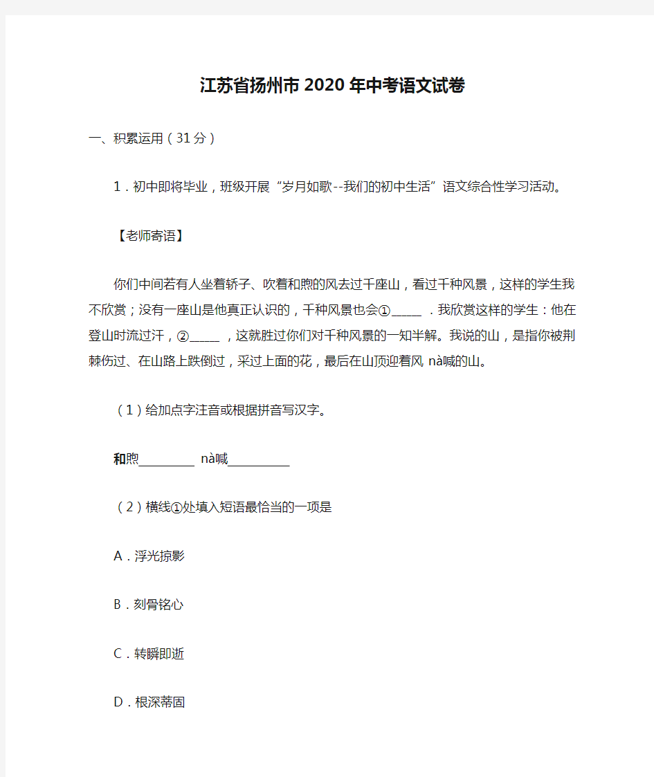 江苏省扬州市2020年中考语文试卷