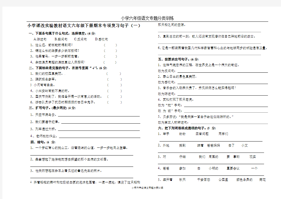 小学六年级语文专题分类训练：专项复习句子(一)