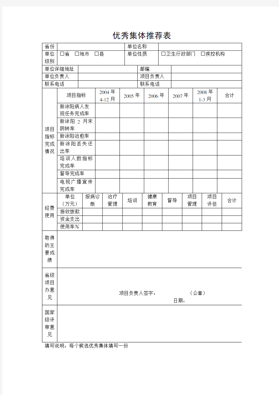 优秀集体推荐表