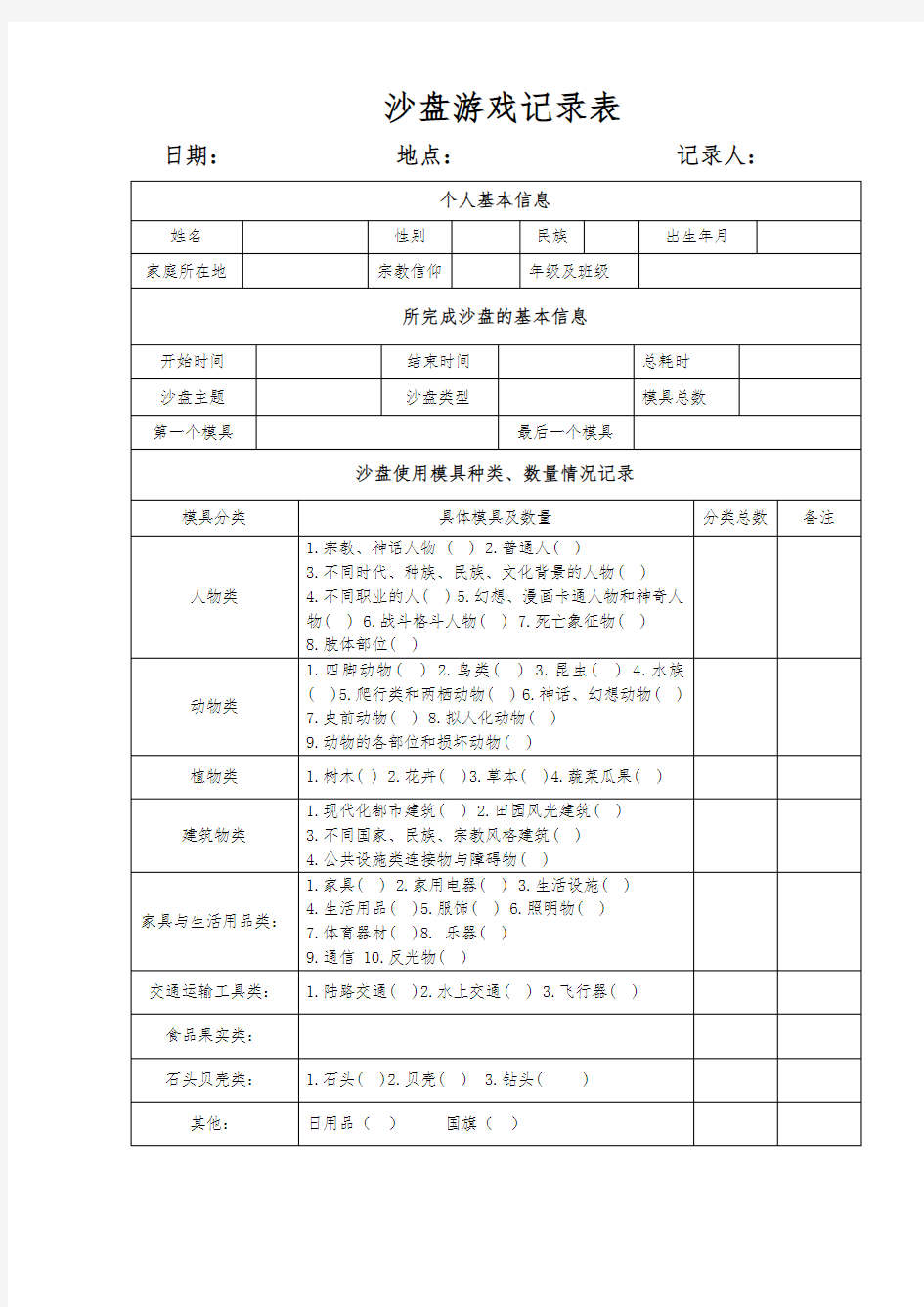 个人沙盘游戏记录表