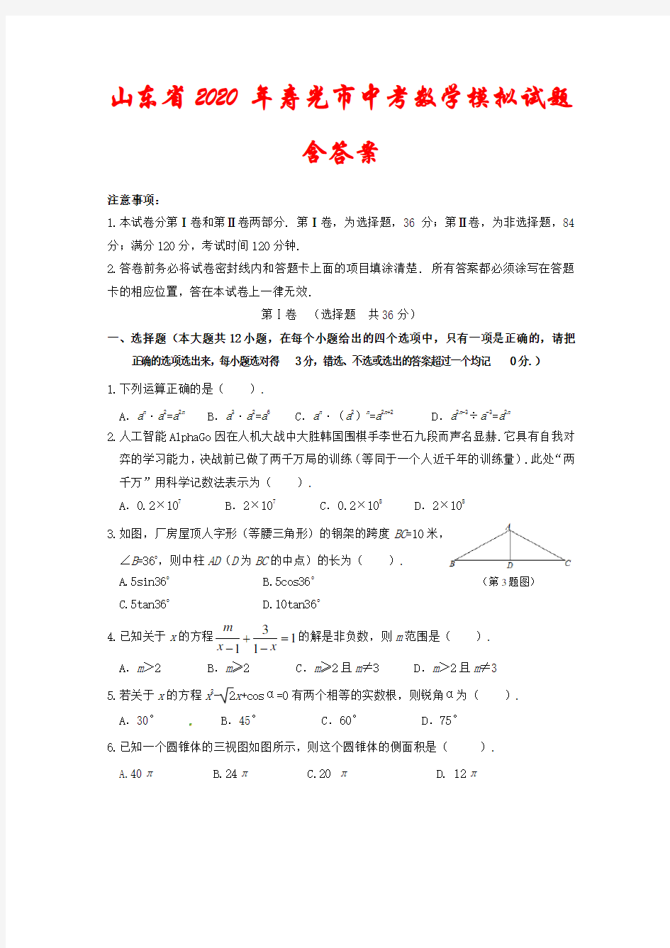 山东省2020年寿光市中考数学模拟试题 (含答案)