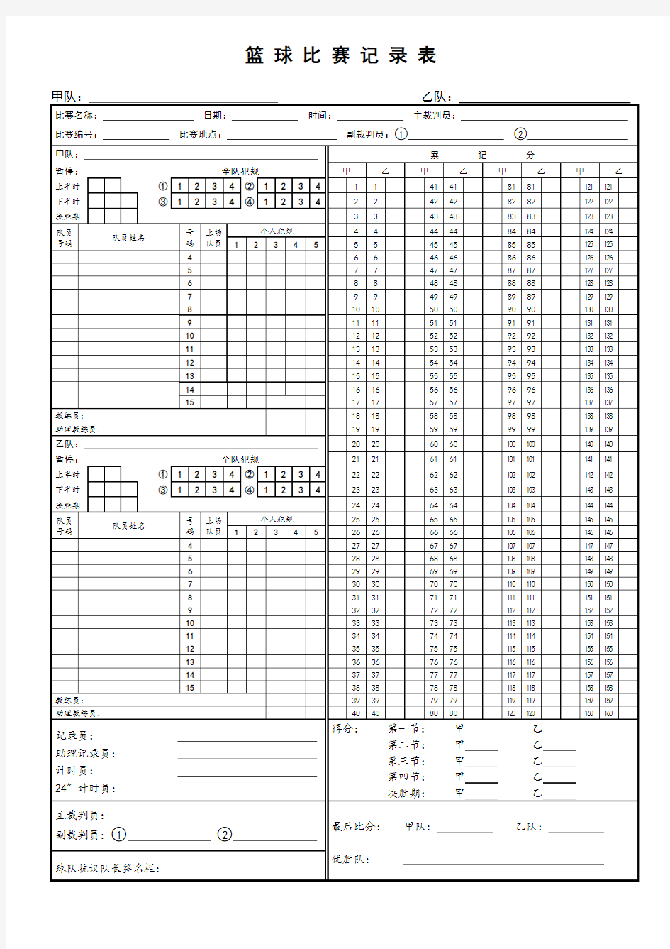 篮球比赛记录表模板