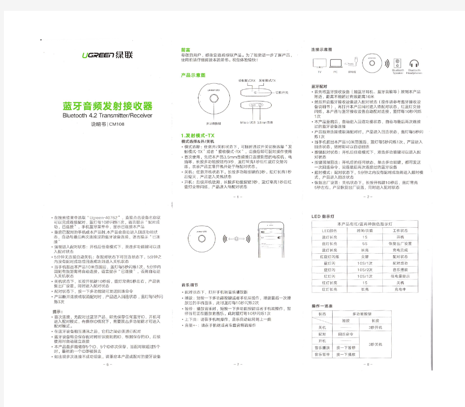 绿联蓝牙音频发射接收器说明书CM108