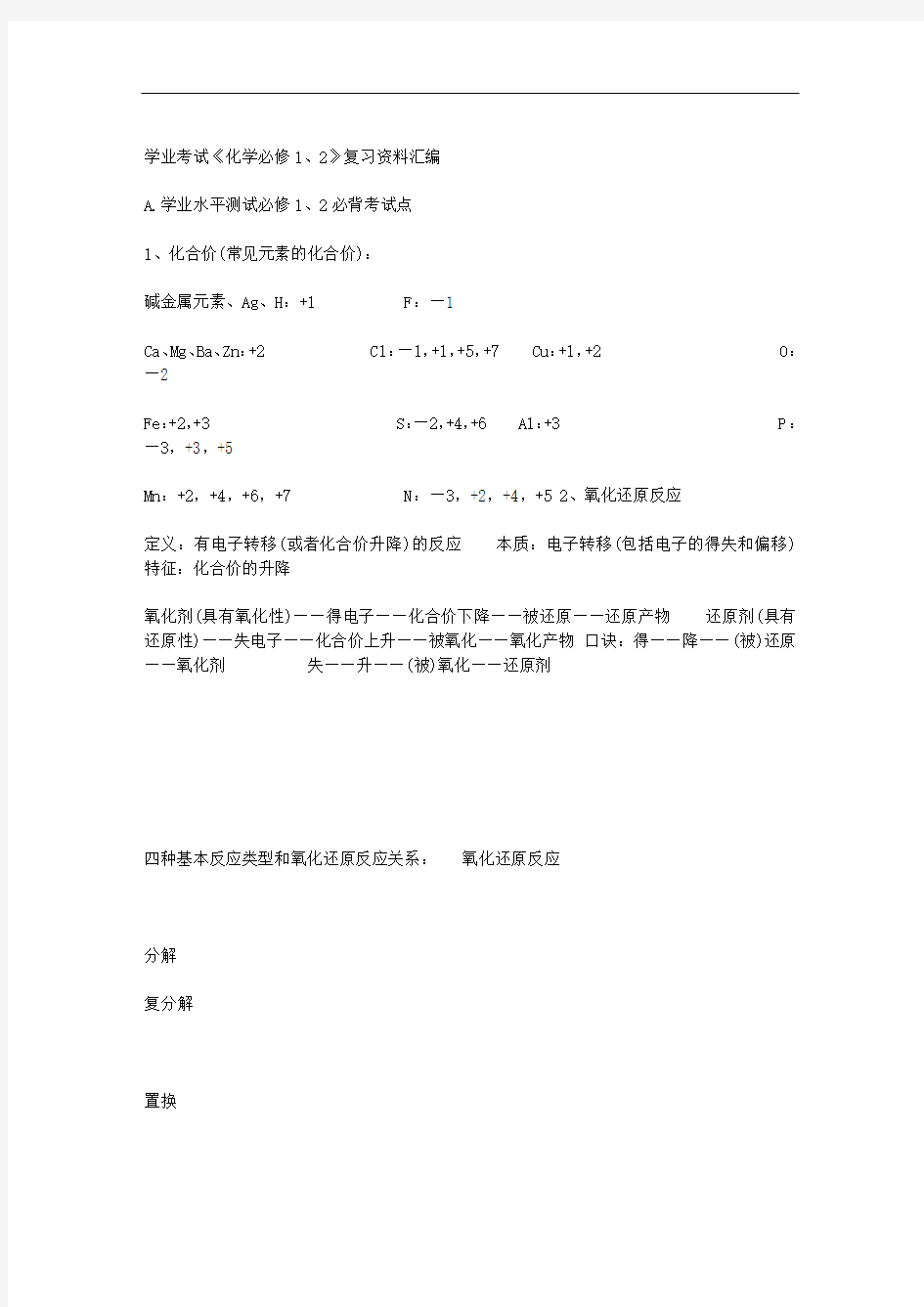 最新高中化学会考常见知识点总结归纳整理