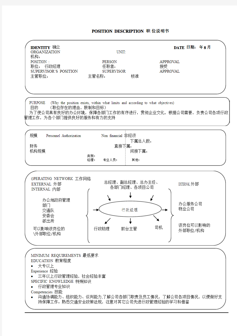 实业股份有限公司职位说明书-行政经理