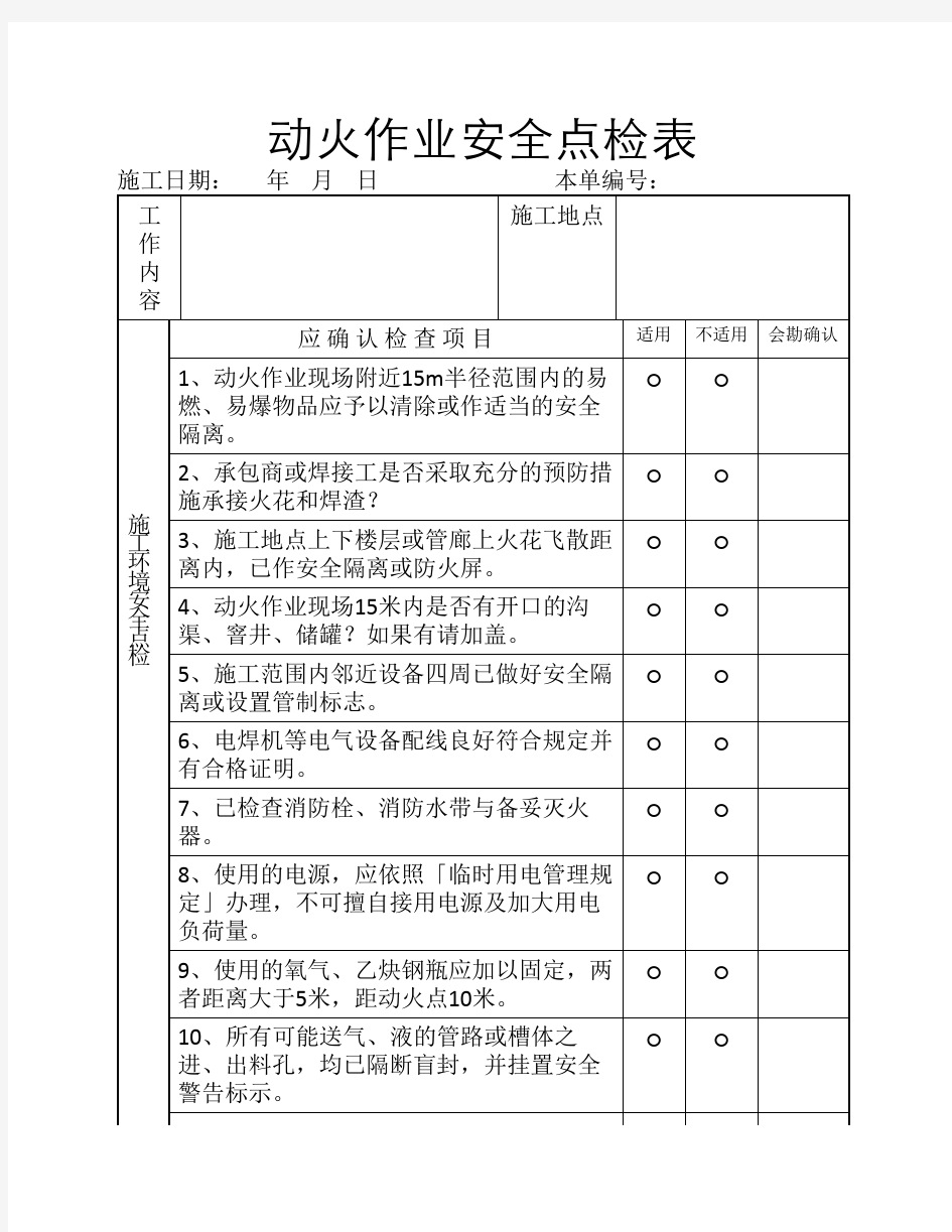 动火作业安全点检表