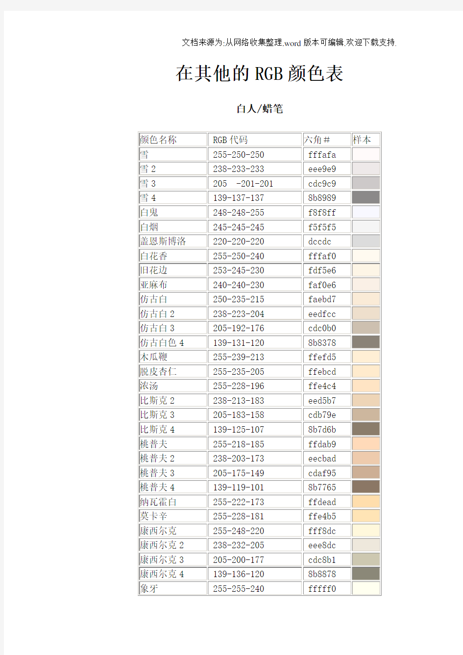 RGB颜色对照表