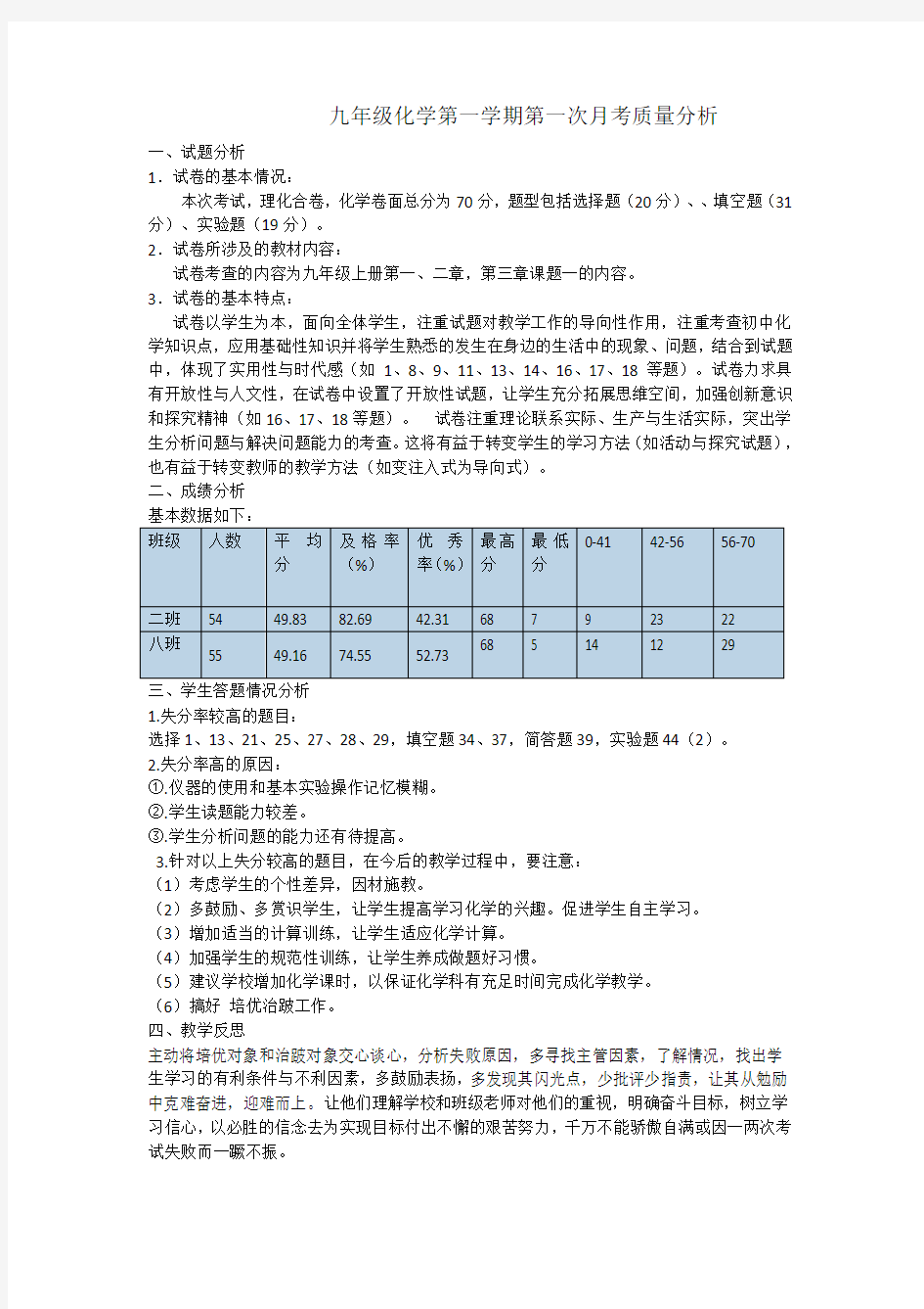 九年级化学质量分析