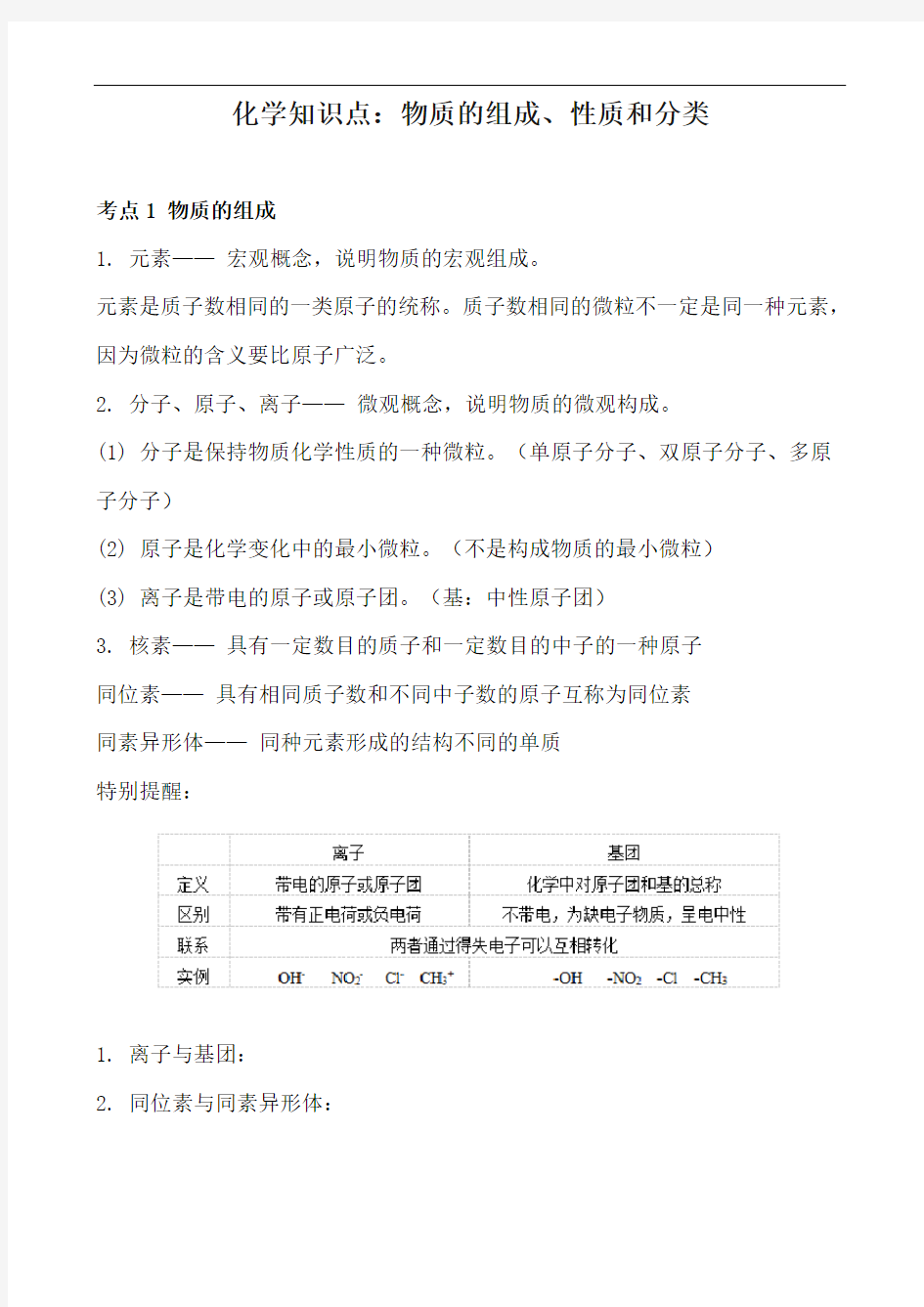 化学物质的组成性质和分类知识点