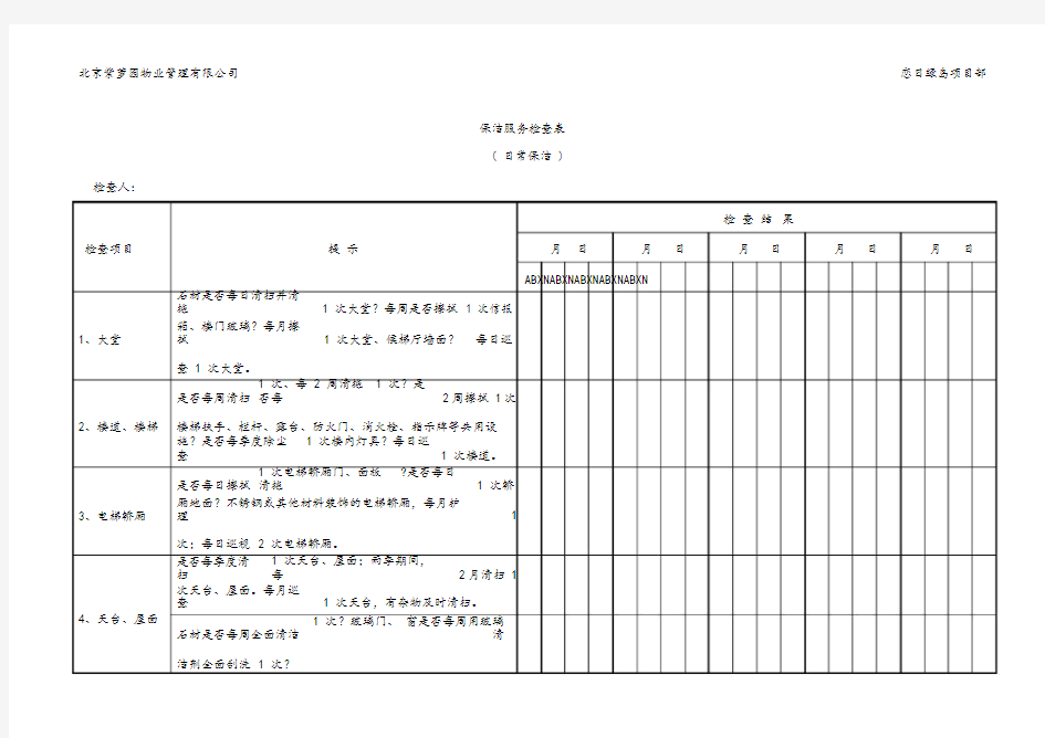 保洁服务检查表(日常保洁)