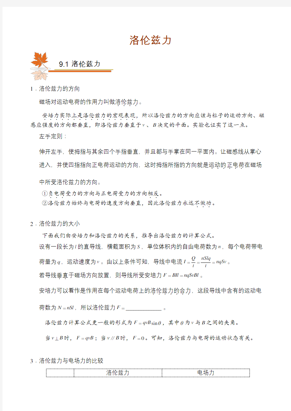 高二物理上册洛伦兹力知识总结知识讲解