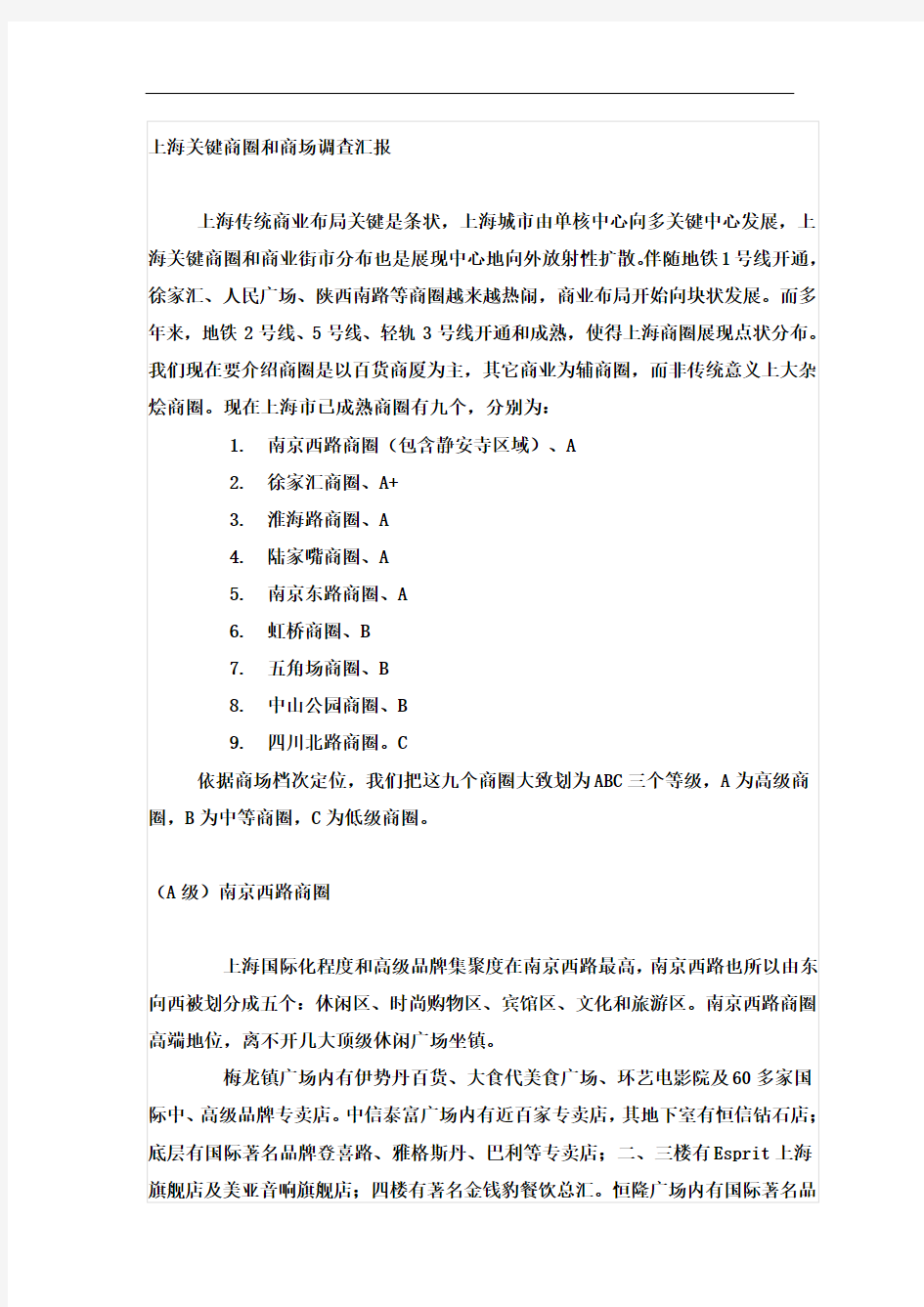 上海主要商圈和商场调查报告