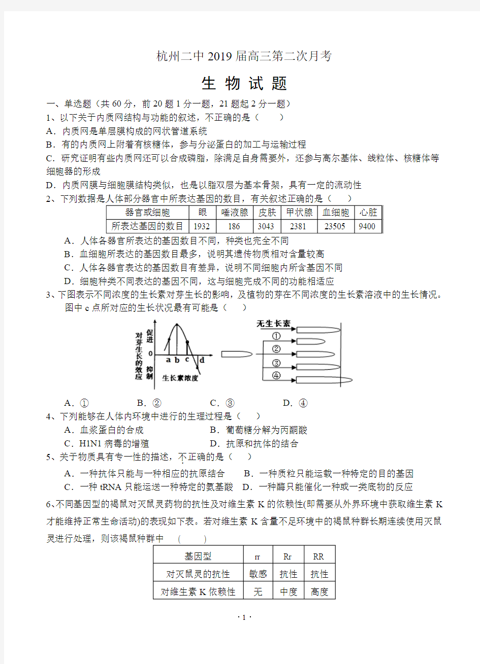 浙江省杭州二中2019届高三第二次月考 生物