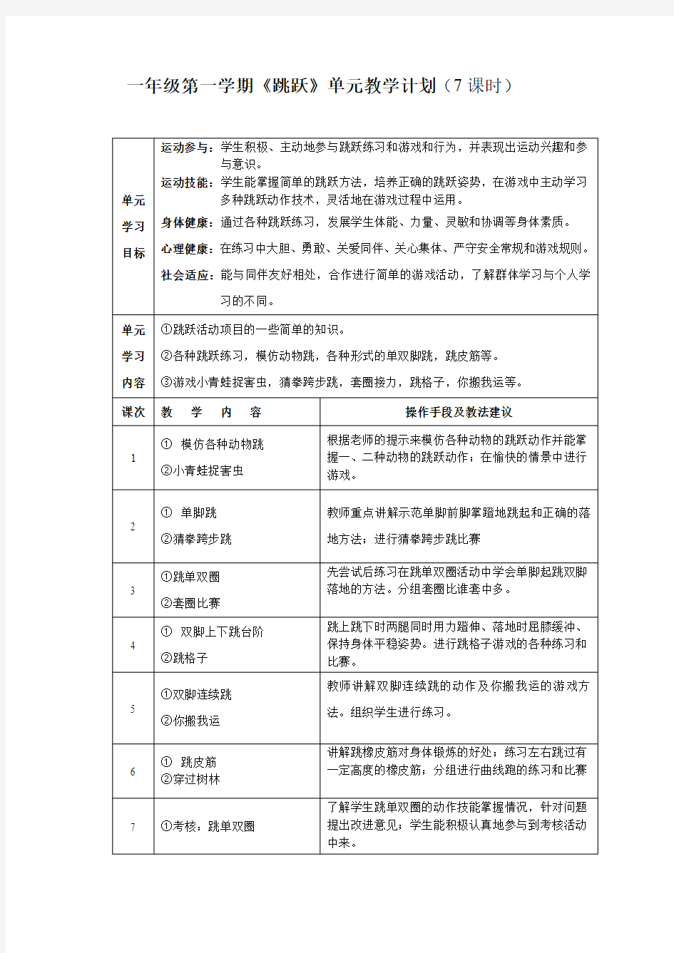 小学体育一年级第一学期《跳跃》单元教学计划