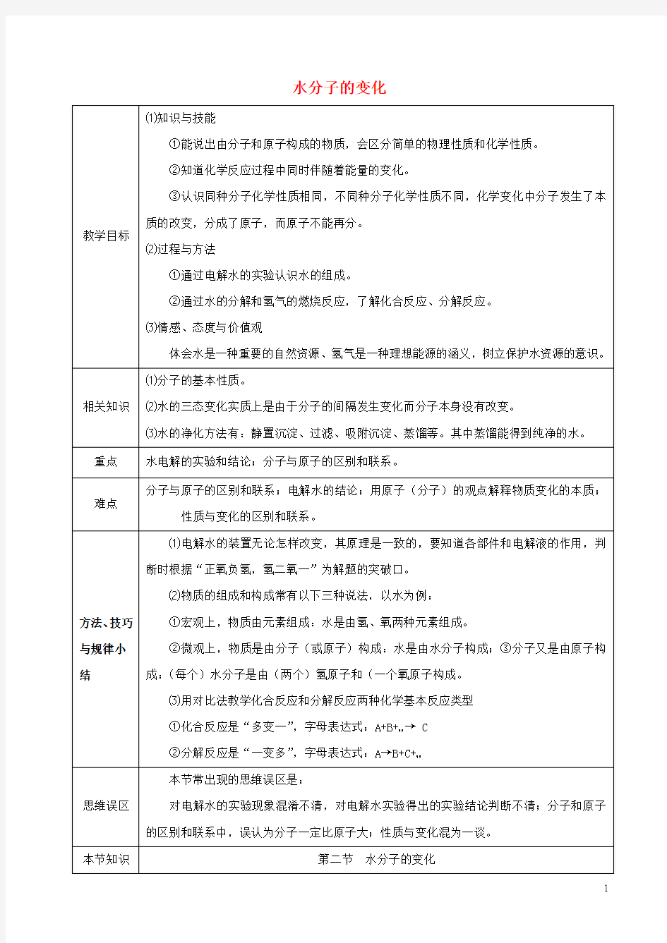 九年级化学上册2.2水分子的变化教案2(新版)鲁教版