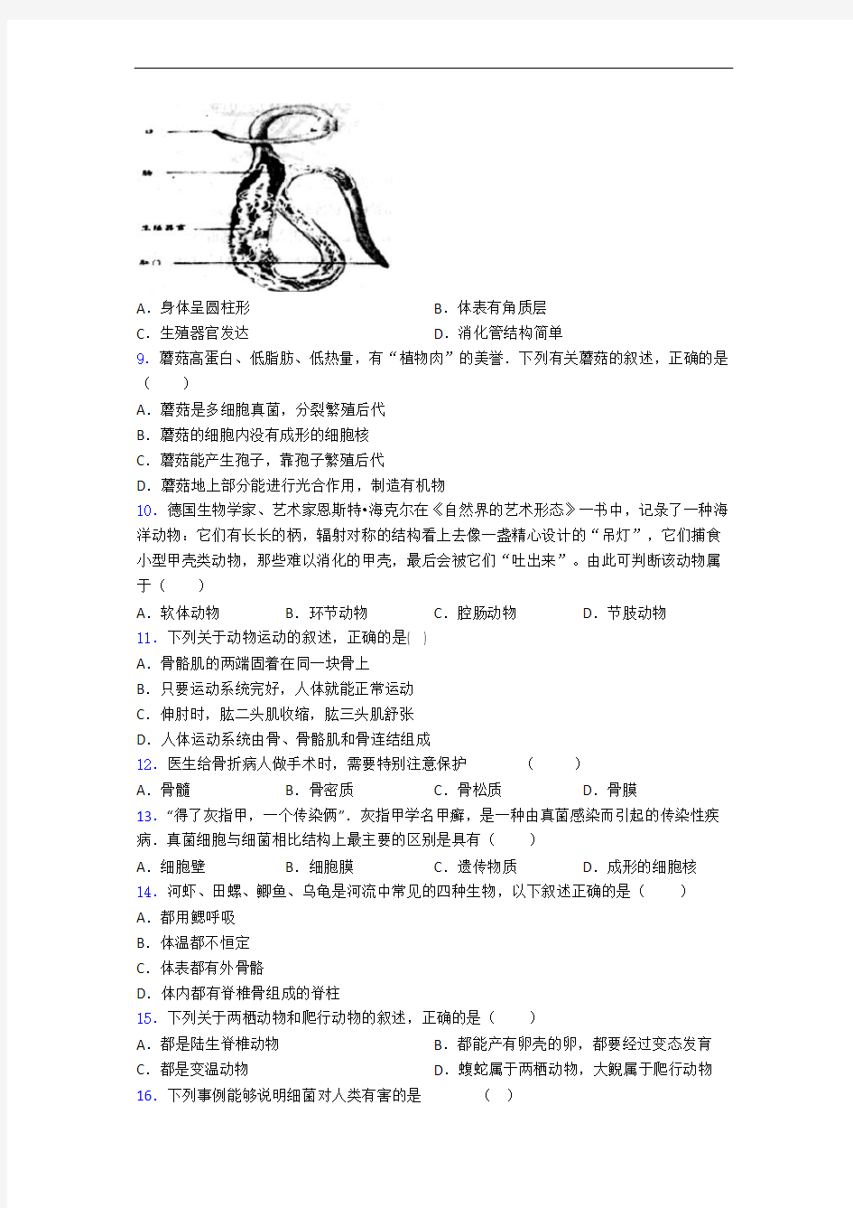 深圳西丽湖世纪星学校八年级上册生物 期末试卷