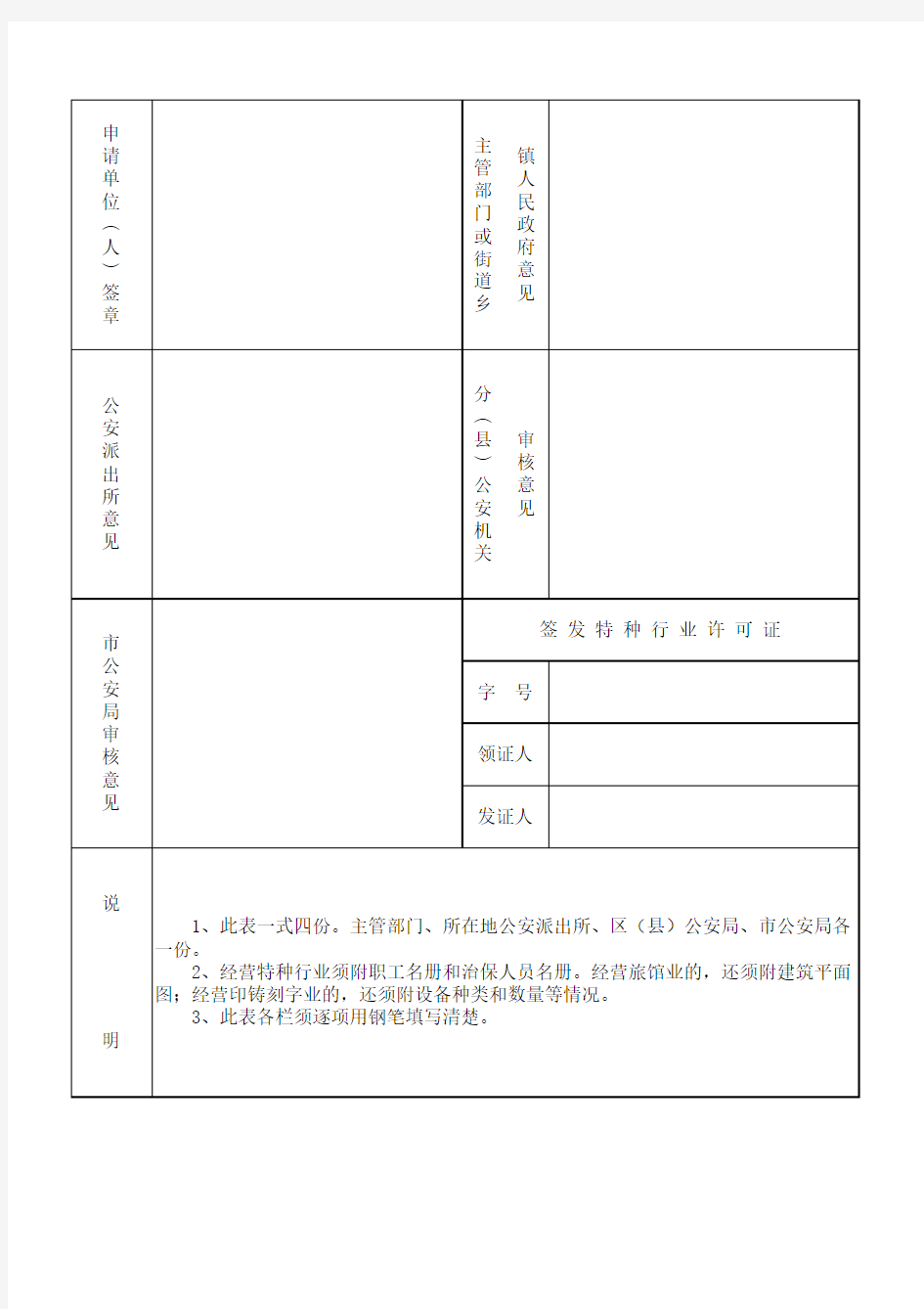 武汉市特种行业审批表