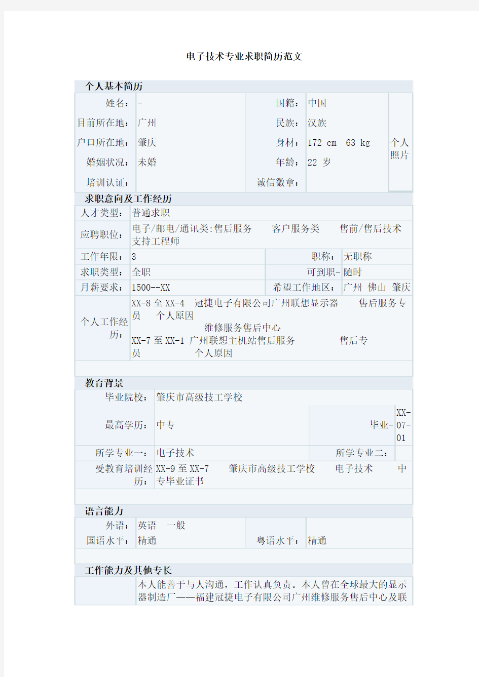 电子技术专业求职简历范文