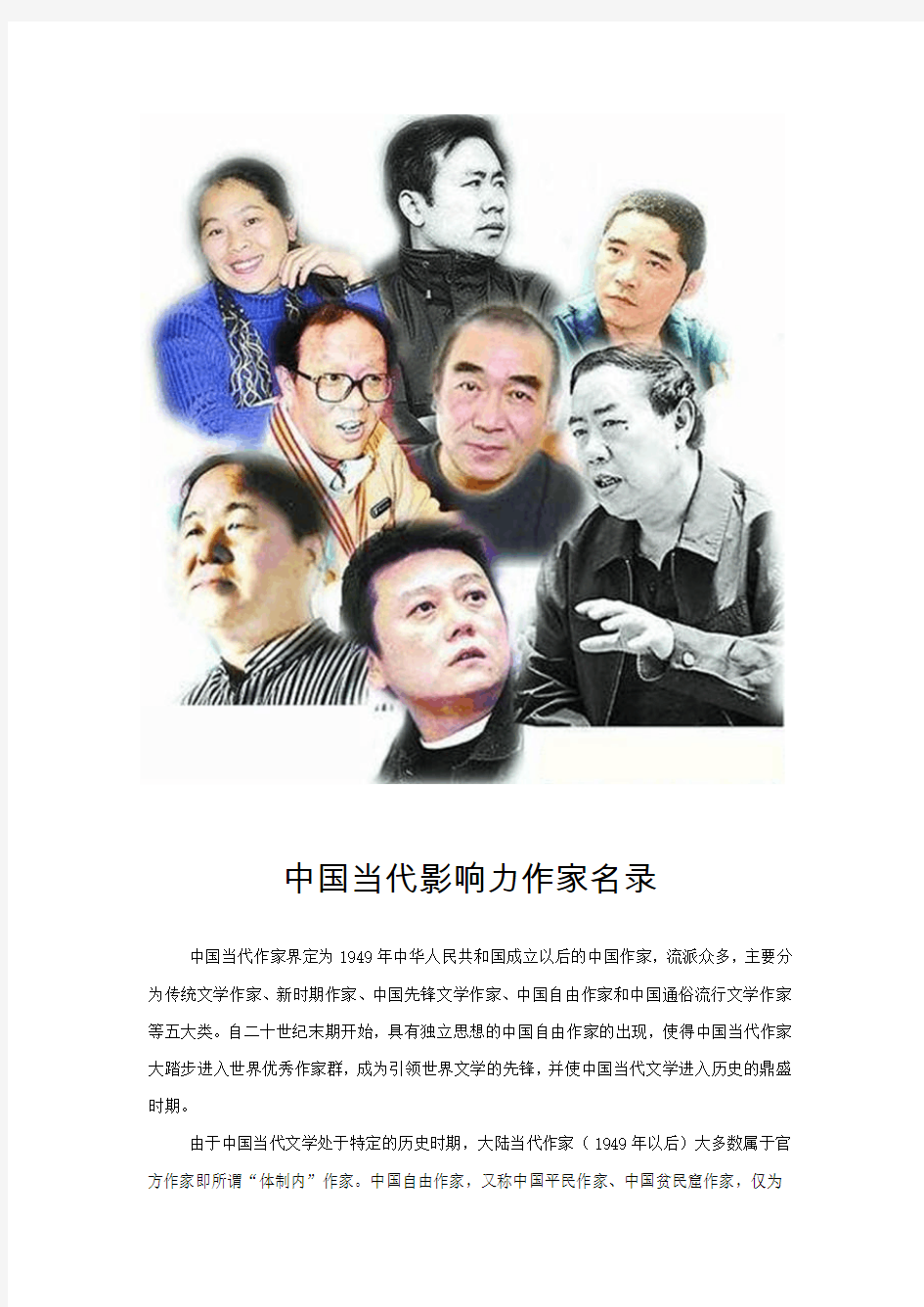 中国当代影响力作家名录