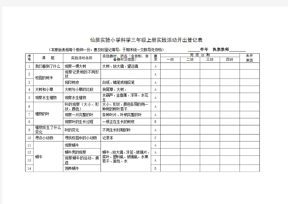 小学科学3-6年级实验统计表