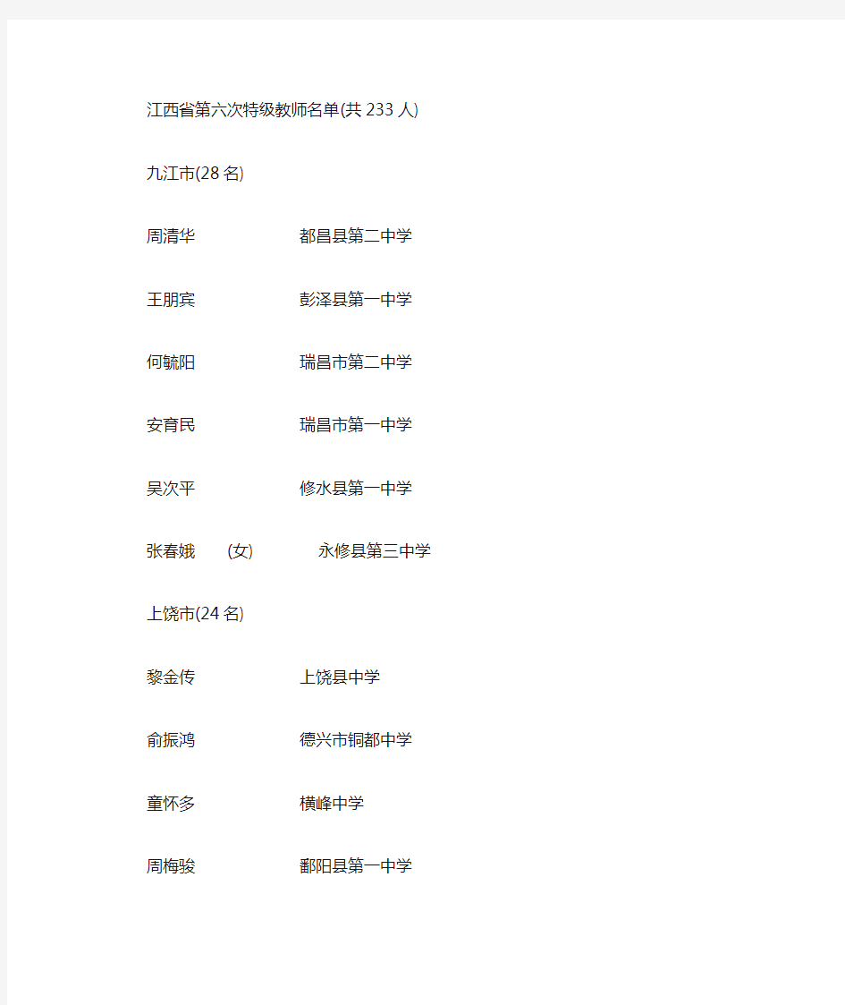 江西省第六次特级教师名单