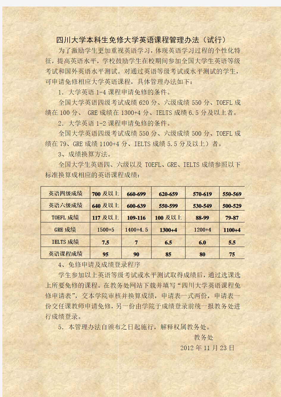 四川大学本科生免修大学英语课程管理办法(试行)