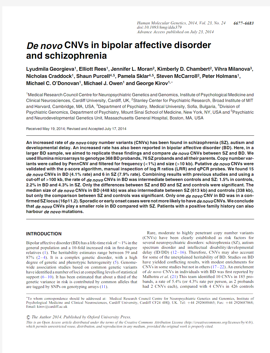 31 De novo CNVs in bipolar affective disorder and schizophrenia