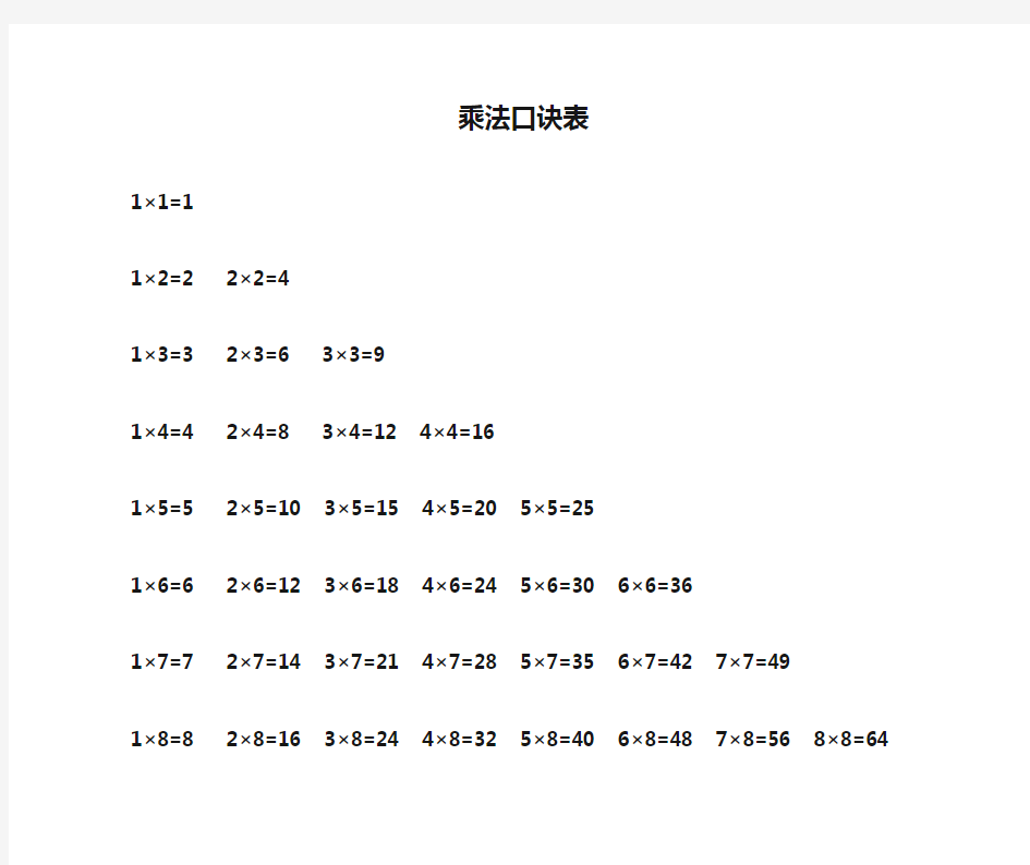 小学生乘法口诀表(打印版)