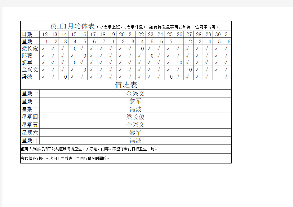 排班表月休表