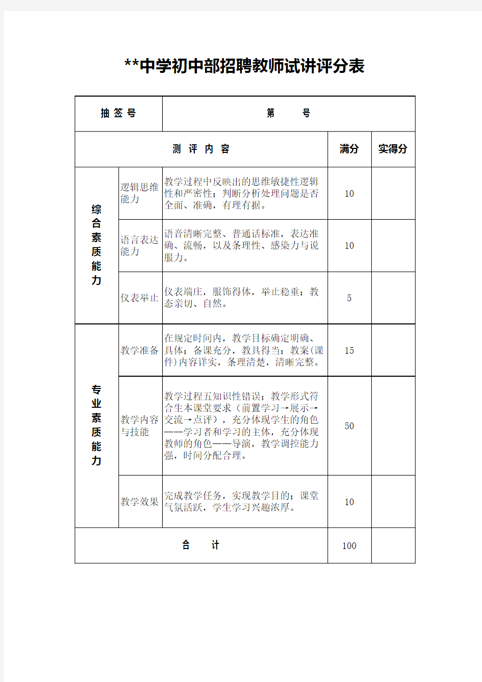 招聘教师试讲评分表