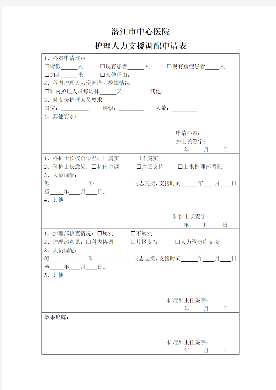 护理人力资源调配申请表