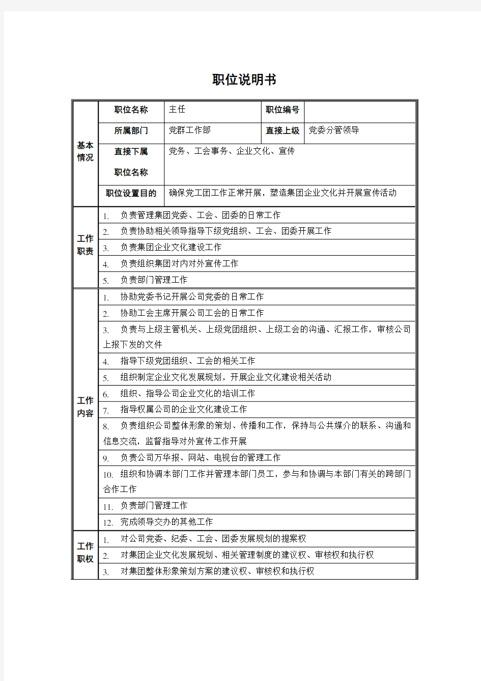 党群工作部主任岗位职责