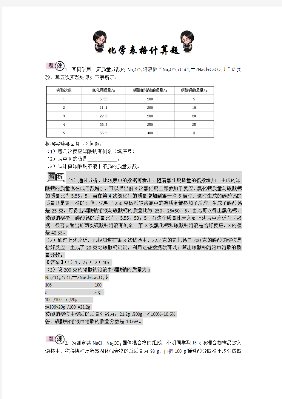 初中化学表格计算题详解