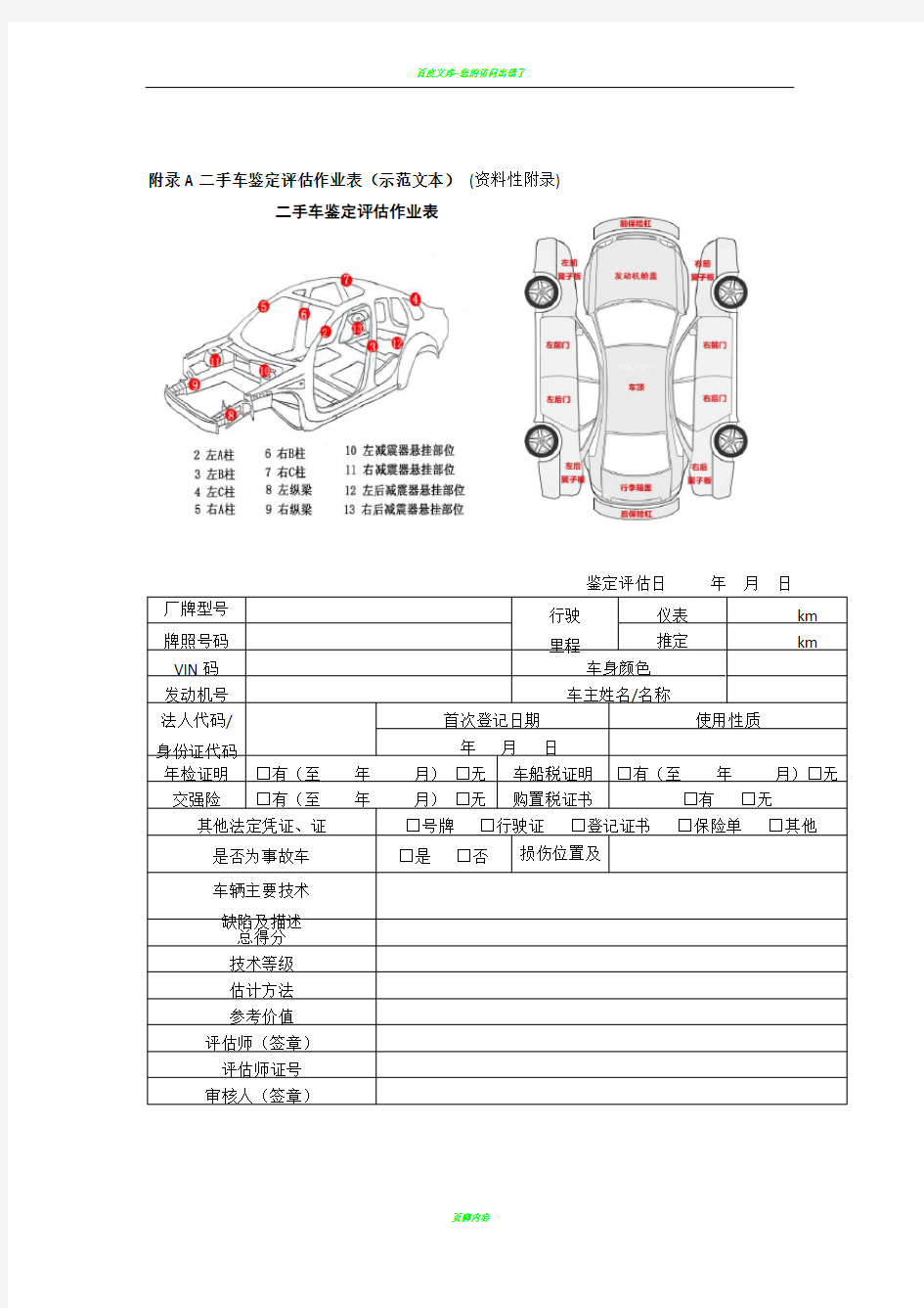 最新二手车评估规范_二手车鉴定评估作业表