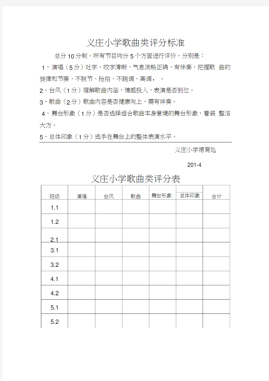 唱歌比赛评分标准和评分表