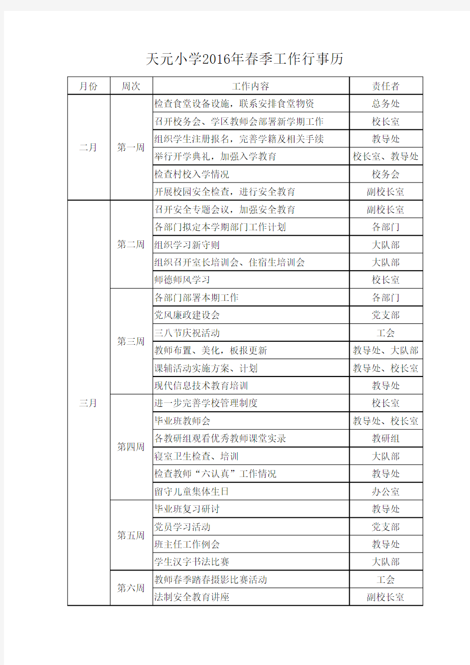 2016春季年学校工作行事历