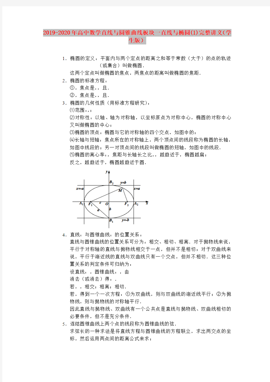 2019-2020年高中数学直线与圆锥曲线板块一直线与椭圆(1)完整讲义(学生版)