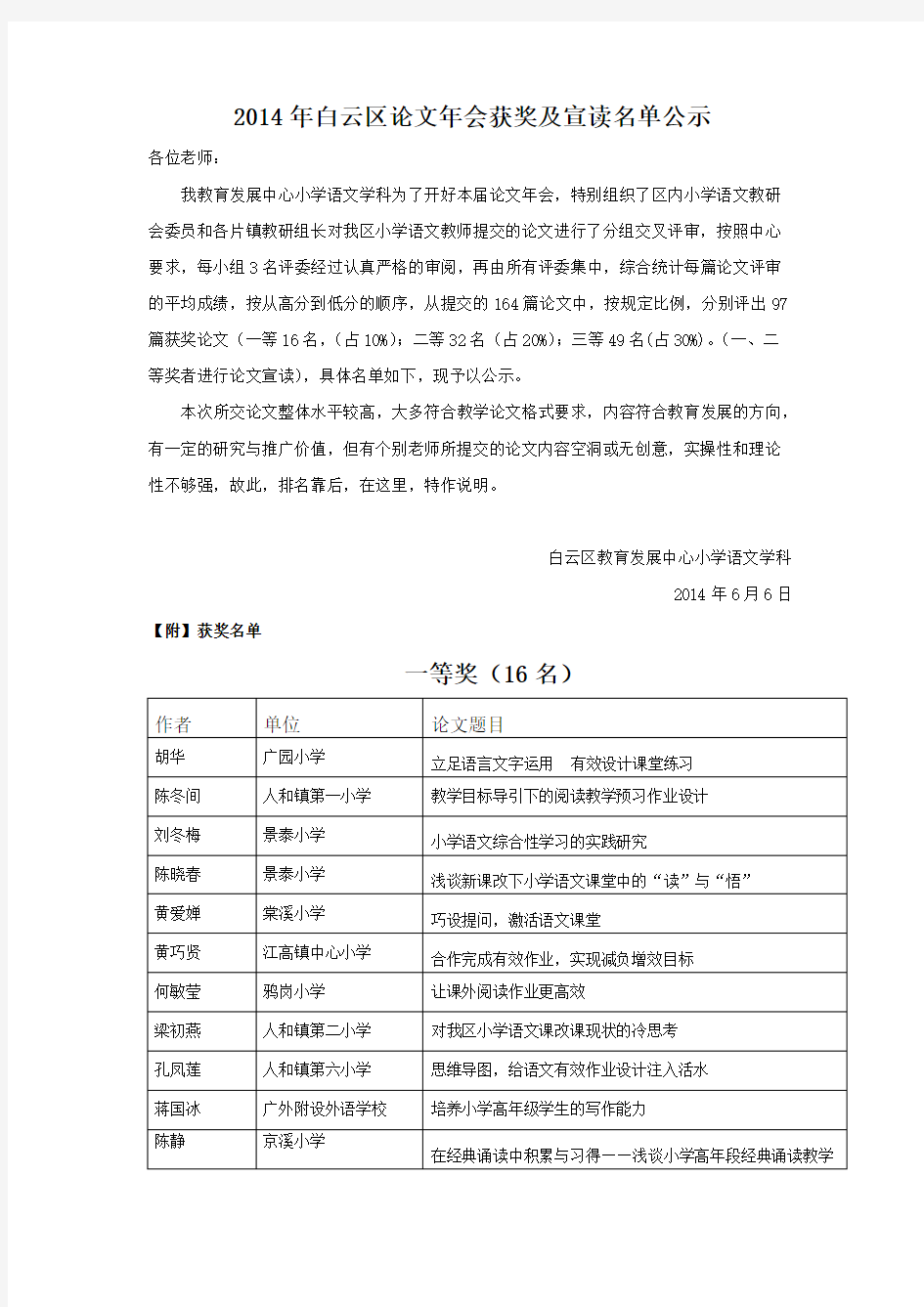 白云区论文年会获奖及宣读名单公示小学语文学科【VIP专享】