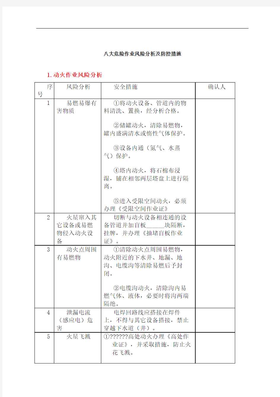 八大危险作业风险分析及防控措施